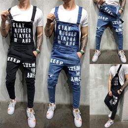 New Men's Bib Pants Solid Color Overalls Jeans Letters Printed Skinny Slim Fit Denim Trousers Jumpsuits Suspenders Streetwear219H
