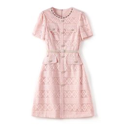 2023 Summer Pink Solid Colour Waist Belted Lace Dress Short Sleeve Round Neck Buttons Knee-Length Casual Dresses W3Q014206