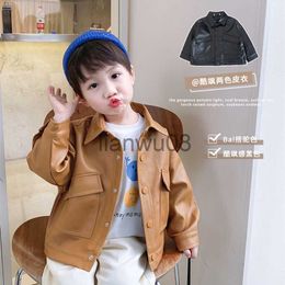 Jackets Autumn Spring Korea Fashion PU Leather Jacket Boys Girls Solid Colour Long Sleeve Single Breasted Short children's Coat Jacket x0811