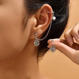 Backs Earrings Vintage Metal Chain Flower Pendant Ear Clips For Women Trend Imitation Pearl Clip-On Earring Ladies Beauty Jewellery