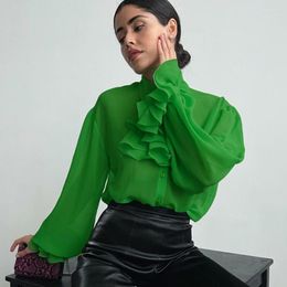 Women's Blouses Fashion Ruffle Shirt Blouse For Women Elegant Cotton Long Sleeve Shirts Autumn Winter Office Ladies Green Button Tops 2023