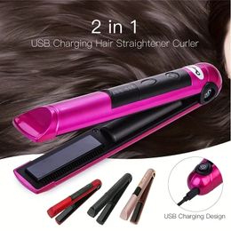 2 IN 1 Flat Iron USB Wireless Hair Straightener Portable Professional Cordless Roller Curler Ceramic Fast Heating Styling Tools