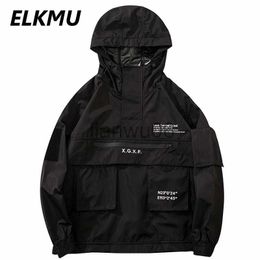 Men's Jackets ELKMU Men Hip Hop Streetwear Jacket Coat Black Windbreaker Waterproof Cargo Jacket Pullover Harajuku Hooded Track Jacket Outwear J230811