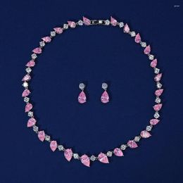 Necklace Earrings Set HIBRIDE Latest Water Drop Pink Cubic Zirconia Wedding Inlay Luxury Crystal Bridal Jewellery Gifts For Women N-304