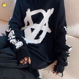 Mens Sweaters Winter Clothes VTM Graffiti Pattern High Collar Fashion Casual Couple Outdoor Men Woman Black Ragged Vetements Sweater 230811