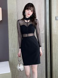 Casual Dresses Women Mini Dress Y2K Chic Sexy Black Sheer See Through Mesh Halterneck Hollow Tube-tops Bodycon Mujer Outfit Club Party
