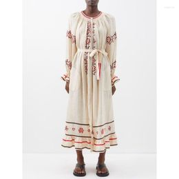 Casual Dresses 2023 Bohemian Style O Neck Heavy Embroidery Women Linen Loose Midi Dress