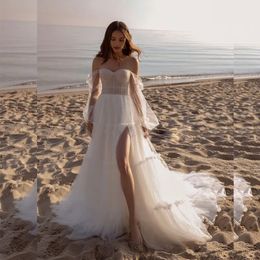 Bohemian Split Beach Wedding Dress Beaded Off The Shoulder Long Sleeve Bridal Gowns Boho Vestidos de Novia