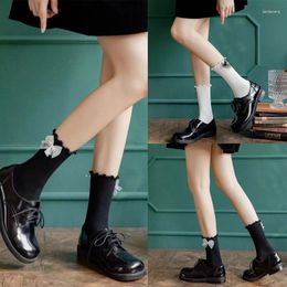 Women Socks Sweet Glitter Sequins Bow Crew Harajuku Japanese Style Ruffled Trim Ribbed Lolita Kawaii Mid Tube Hosiery