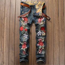 Men's Jeans Autumn Straight Leg Slim Embroidered Rose Pants Classical Retro Ripped Denim Trousers Fashion Clothing 230810