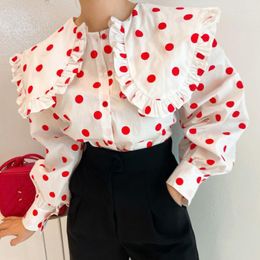 Women's Blouses Long-sleeved Shirt Women Age-reducing Doll Collar Splicing Casual Top Wood Ear Side Contrast Color Wave Point Design Tops