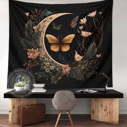 Tapestries Moon Moth Tapestry Wall Hanging Plant Butterfly Flower Mystery Flower Wall Carpets Dorm Home Decor Starry Sky Carpet R230812