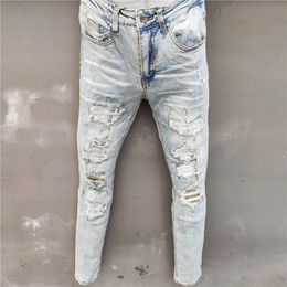 Men's Jeans s Men Light Blue Elastic Slim Fit Destroyed Ripped Patchwork Punk Hip Hop Pants Streetwear 230810