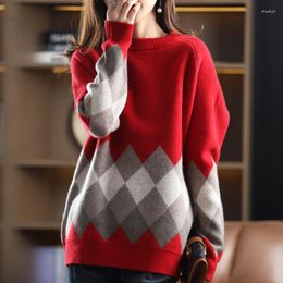 Women's Sweaters Pure Wool Ladies O-neck Pullover Autumn/winter Thickened Color-blocking Knitted Tops Casual Oversized Jacket