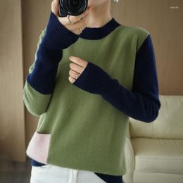 Women's Sweaters Cashmere Sweater Woman O-Neck Colour Matching Pure Wool Pullover Fashion Plus Size Warm Knitted Bottoming Shirt