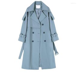 Women's Trench Coats Fashion Blue Long Coat Clothing 2023 Spring Autumn Windbreaker Double Breasted Female Medium Length Loose