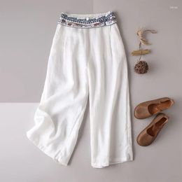 Women's Pants Embroidery Casual Solid Elastic High Waist 2023 Wide-Leg Cotton Linen Korean Fashion Ankle-Length For Women