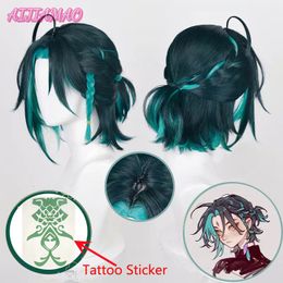 Cosplay Wigs Xiao Cosplay Wig Game Genshin Impact Xiao 35cm Short Green Mixed Braid Wig Heat Resistant Synthetic Cosplay Anime Wigs Wig Cap 230810