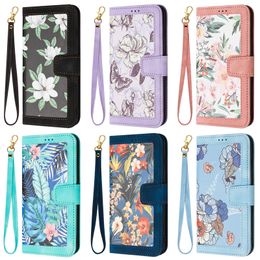 Fashion Hawaiian Flower PU Leather Wallet Cases For Iphone 15 Plus 14 13 Pro Max 12 X XS XR 8 7 Stylish Butterfly Floral Credit ID Card Slot Flip Cover Girls Pouch Strap