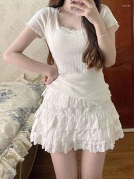 Work Dresses Solid Kawaii White Bow T Shirt Women 2023 Summer Lace Trim Fairy Grunge Short Sleeve Slim Tops Clothes Sweet Tees