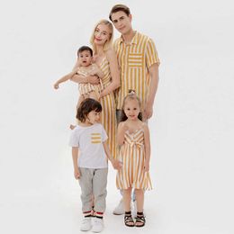 Family Matching Outfits Family Matching Outfits Summer Mother Daughter Yellow Striped Dresses Dad Son Cotton Shirts Family Look Holiday Couple Outfits