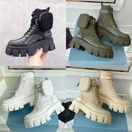 Modeplattform Kvinnor borstade Rois Boots Top Cowskin Leather Nylon Martin Boot med avtagbar påse Black Ladies Outdoor Boasties Shoes With Box No43