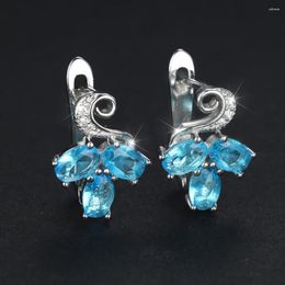 Hoop Earrings Luxury Oval Lake Blue Stone Flower For Women Silver Color Charm Zircon Wedding Small Ear Buckle Engagement Jewelry