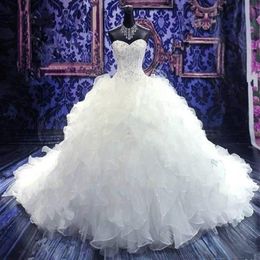 Glamorous Puffy Ball Gown Wedding Dresses Crystal Tiered Ruffles Organza Bridal Gowns Princess Sweetheart Wedding Gown vestido de 334R