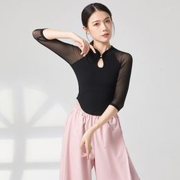 Stage Wear Adult Slim Fit Stand Collar Belly Dance Bead Key Hole Round Hem Blouse Long Sleeve Top Costume For Women Dancing Clothes