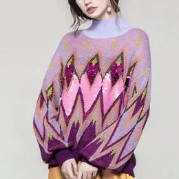 Women's Sweaters Purple Colour Striped Knit Winter Thick Jumpers Long Sleeve Vintage Elegant Sequin Pullovers Clothes