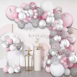Decoration 98pcs Pink Silver Butterfly Balloon Garland Birthday Decoration Kids Wedding Decor Baby Shower Girl Baloon