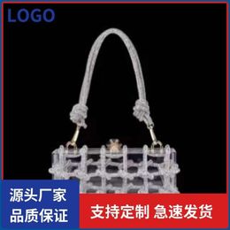 Shiny, Opaque, Transparent Acrylic Box, Banquet, Rhinestone, Hand Woven Rope, Small Square, Armpit, Hand Bag