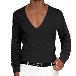 Men's T Shirts Spring Summer Men T-shirt Long Sleeve Deep V-Neck Tops Solid Colour Oversized Tees Streetwear Loose Pullover