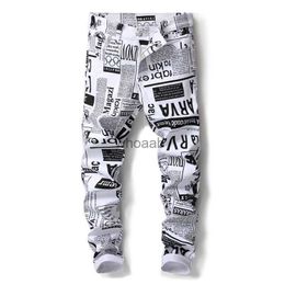 Men's Fashion 3D Pattern Slim Skinny Printed Jeans Blue White Stretch Denim Pants Teenagers Flowers Jeans HKD230812