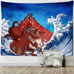 Tapestries Giant Wave Octopus Tapestry Mount Fuji Art Print Wall Hanging Home Room Decor R230812