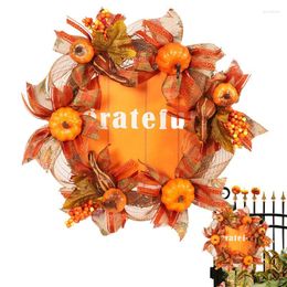 Decorative Flowers Fall Pumpkin Wreath Autumn Thanksgiving Door 15.75Inch Wall Decor Farmhouse Wooden Sign With Ribbon Bowknot For