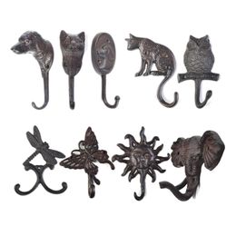 Hooks Rails 1pc Rustic Cast Iron Hook Dog/Cat/Owl/Dragonfly/Butterfly/Sunlight/Elephant Hanger Wall Mounted Key/Coat/Towel Decor Kitchen 230812