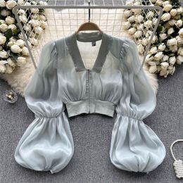 Women's Jackets Clothland Women Fashion Summer Zipper Jacket Puff Long Sleeve Short Style Crop Top See Through Coat Mujer CA538