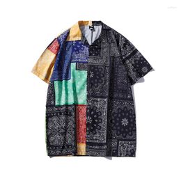 Men's Casual Shirts Summer Korean Fashion Vintage Ethnic Print Plaid Colour Matching Male Short Sleeve Hawaiian Shirt Harajuku Beach