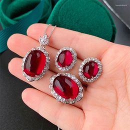 Necklace Earrings Set EYIKA Vintage Elegant Ladies Green Red Lab Chalcedony Zircon Flower Earring Ring Jewellery Female Bridal Fine