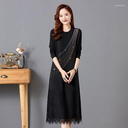 Casual Dresses Lady Beaded Lace Sweater 2023 Autumn Winter Women O-neck Long Sleeve Knitted Pullover Dress