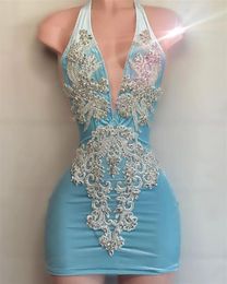 Sky Blue Prom Dresses 2023 Sheath Homecoming Dress Black Girls Halter Mini Tail Gown African Vestidos De Noche 322