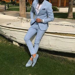 Men's Suits Light Sky Blue Slim Fit Men Notched Lapel Bride Groom Beach Wedding Tuxedos Blazers Sets (Jacket Pant)