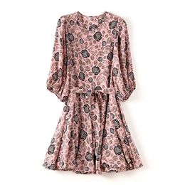 2023 Summer Pink Floral Print Waist Belted Dress 1/2 Half Sleeve Round Neck Knee-Length Casual Dresses W3Q064508