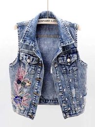 Women's Vests ZOKI Denim Women Vest Luxury Pearls Fashion Ripped Fall Button Up Jeans Jacket Embroidery Floral Sleeveless Loose Short Coats HKD230812