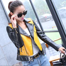 Women's Leather Yellow Black Color-block Short Jacket Cool Girl Lapel Zipper Motorcycle Suit