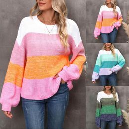 Women's Sweaters Oversized Striped Patchwork Kintted Sweater Loose Warm Harajuku Pullover Lantern Sleeve Crew Collar Korean Streetwear Y2k