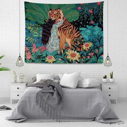 Tapestries Wall Hanging Forest Landscape Tapestry Flower Jungle Animal Moon Ocean for Bedroom Decor R230812