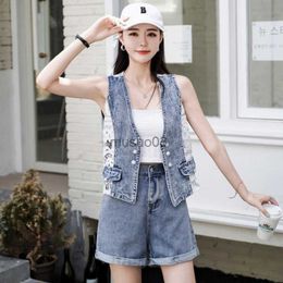 Women's Vests 2023 Summer Slim Denim Waistcoat Women's Fashion Patchwork Lace Cowboy Vest Korean Jeans Jacket Top Female HKD230812