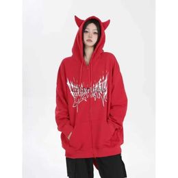 Y2K Fashion Design Devil Tail Women Sweetshirts Individuality Zip Up Hoodie High Street Stranger Things Horn Aesthetic Clothes HKD230725